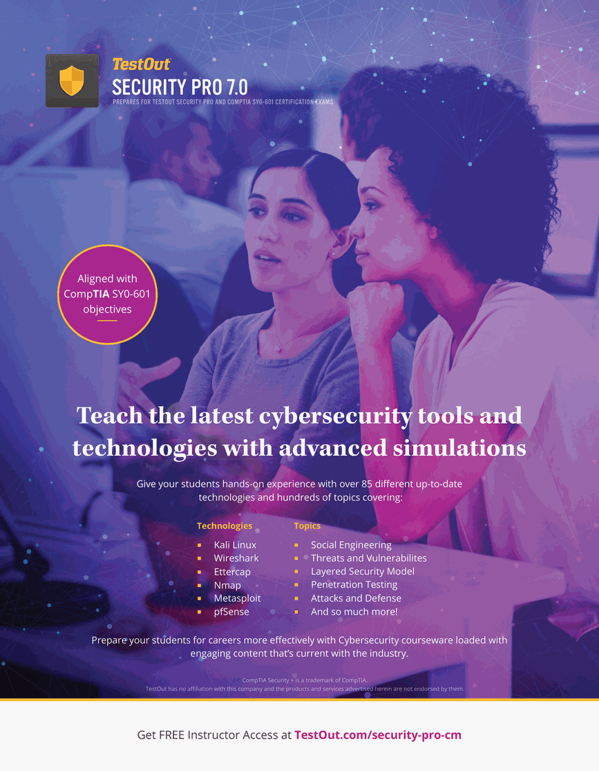 Purple-toned magazine ad headlined "Teach the latest cybersecurity tools and technologies with advanced simulations" for Security Pro 7.0