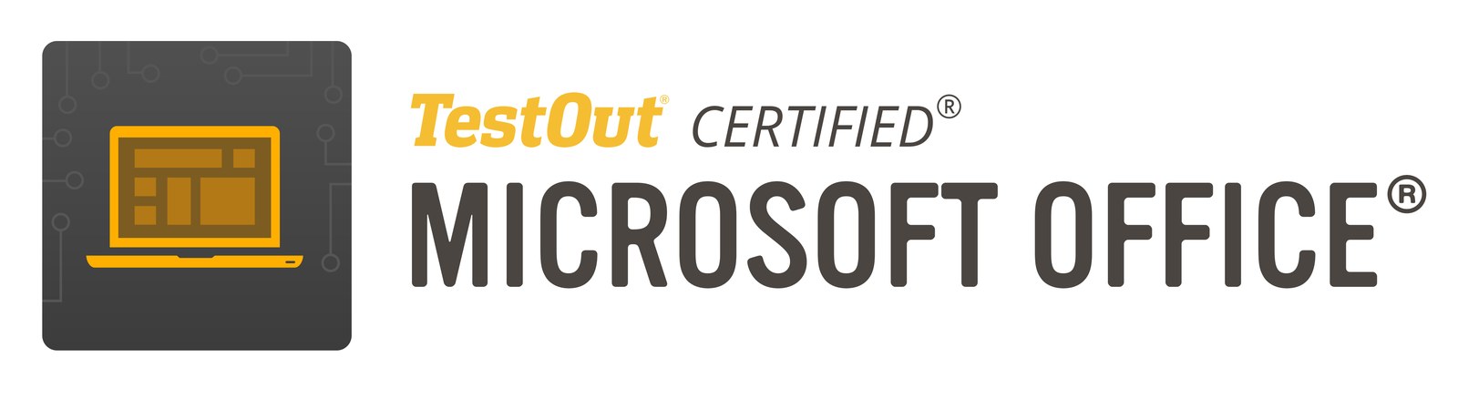 Product lockup: "TestOut Certified Microsoft Office" beside a laptop icon