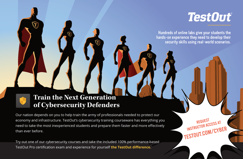 Comic-style ad of six caped superhero silhouettes on a rooftop, headline "Train the Next Generation of Cybersecurity Defenders"